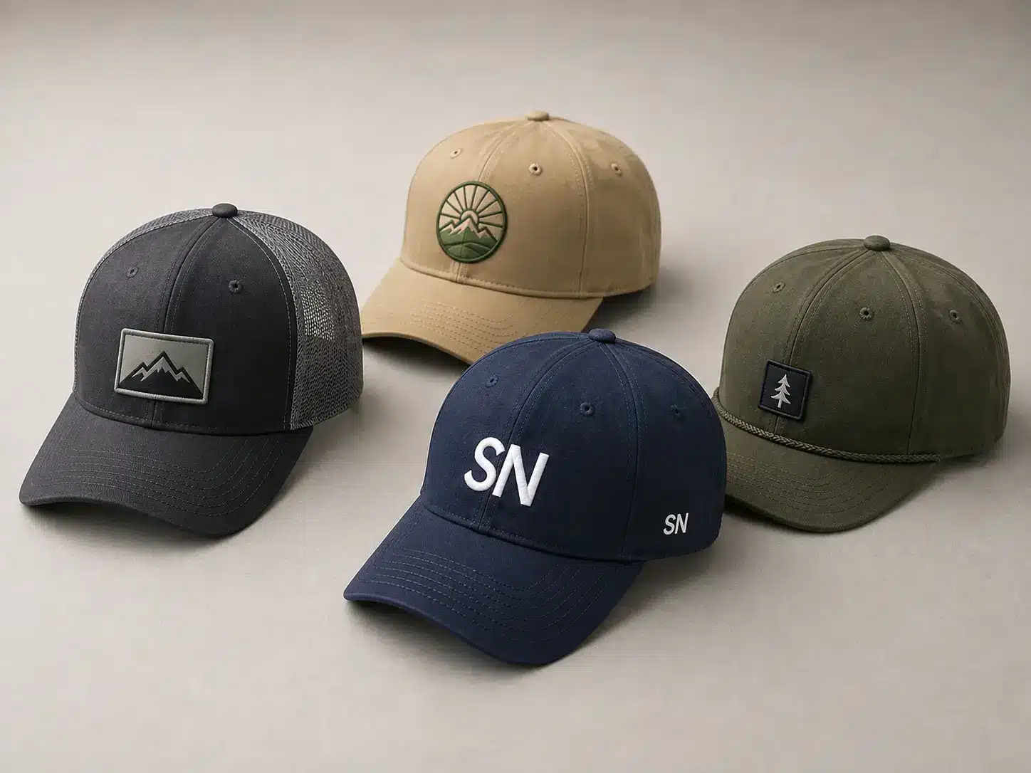 Custom hat samples and product display on a desk