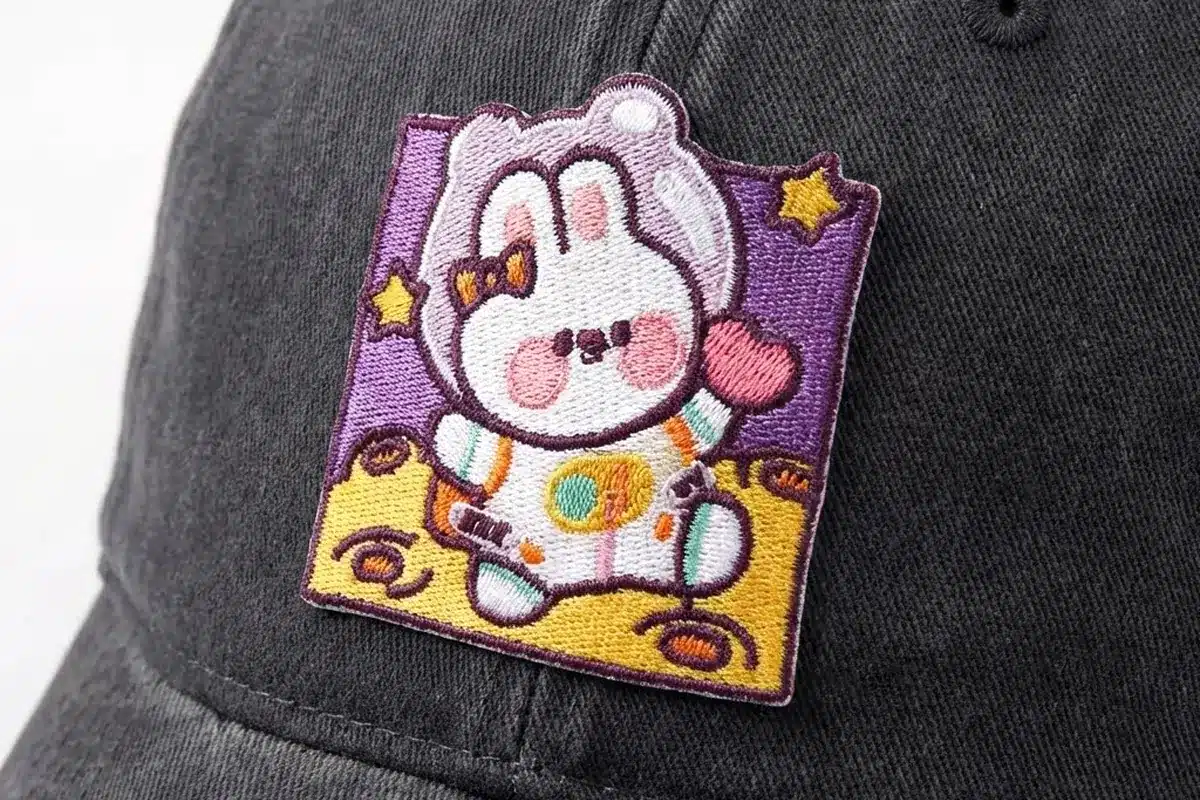 Embroidered patch applied to a washed black cap