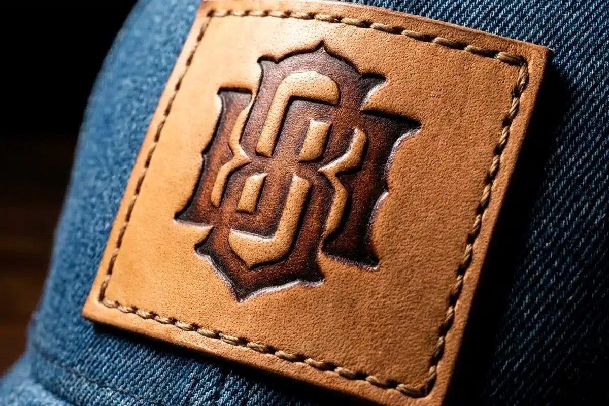Square leather patch with rounded corners on a denim cap