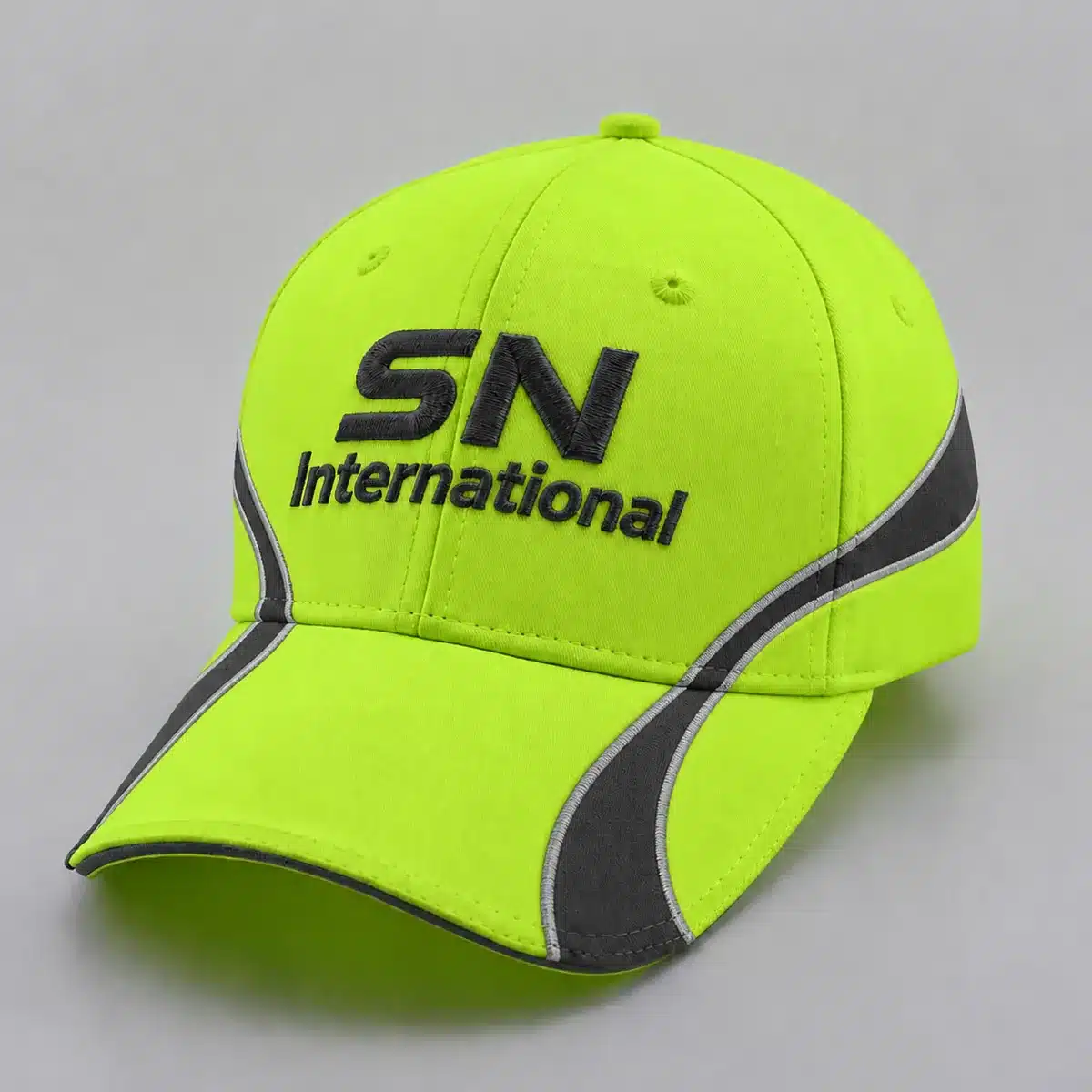 Full custom hat showing overall profile, front logo, side details, and closure