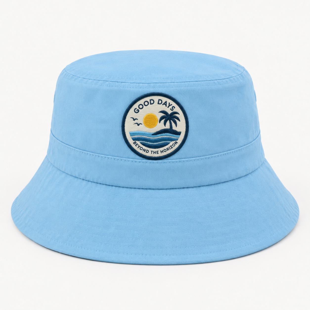 Round embroidered patch applied to a blue custom bucket hat