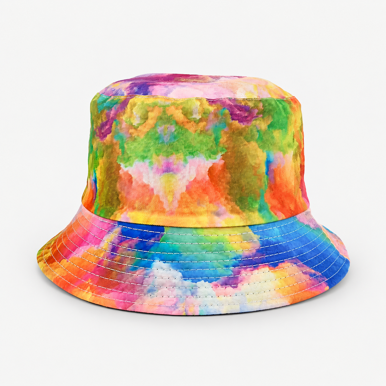 Colorful tie-dye bucket hat with an all-over fabric treatment